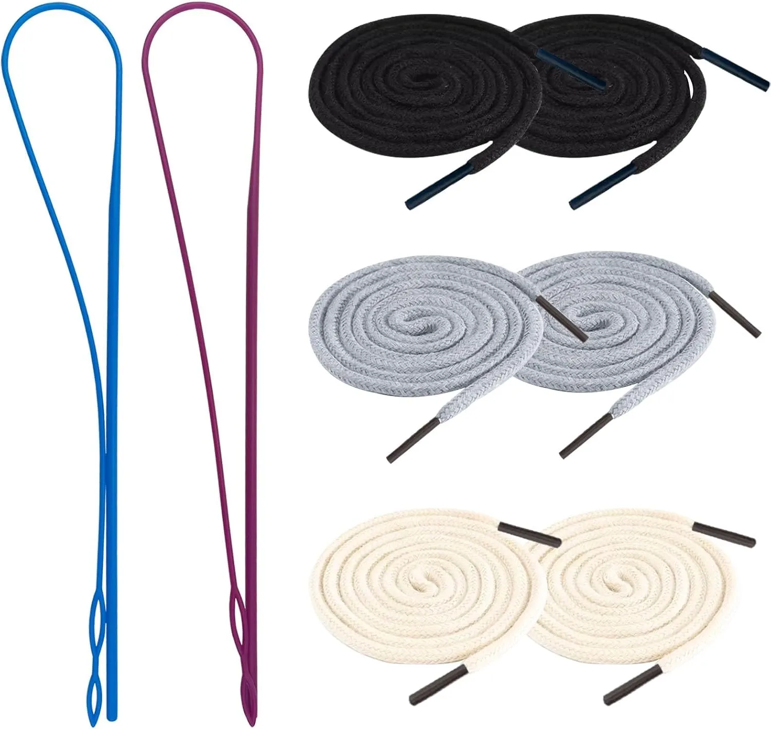 6 Pcs 120CM Hoodie String Replacement with 2PCS Drawstring Threader Tool for Sweatpants Shorts Pants Jackets Coats (Black, Grey, Beige)