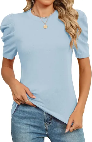 AKEWEI Puff Short Sleeve Sweater for Women Tops Trendy Spring Summer 2025 Business Casual Outfits Knit Crewneck Shirt Blouses