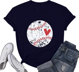 Baseball Shirt Women Baseball Heart Tee Shirts Baseball Mom Tshirt Game Day Casual Crew Neck Short Sleeve Tops