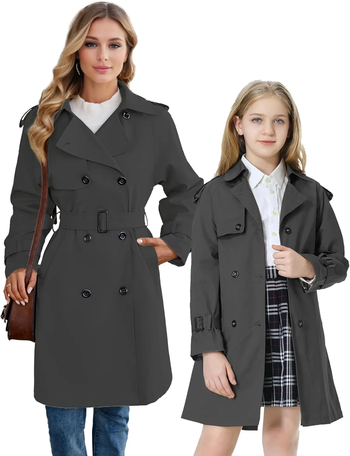 Betusline Girls & Women's Trench Coat Double Breasted Classic Lapel Outerwear, 3 Years - Women 2XL