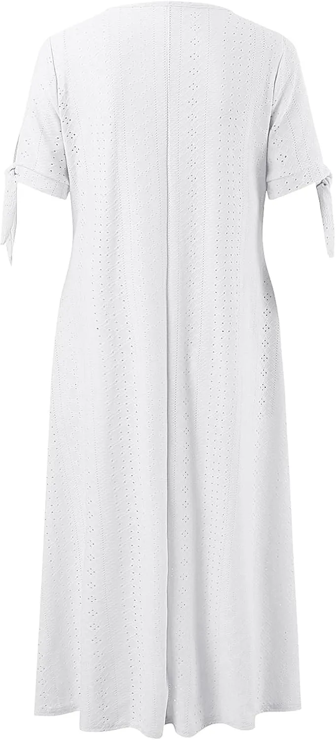 Boho Eyelet Maxi Dress for Women Casual Vintage V Neck Half Sleeve Loose Fit Flowy Swing Long Dresses with Pockets