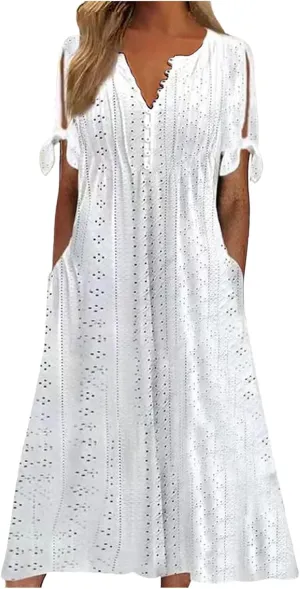 Boho Eyelet Maxi Dress for Women Casual Vintage V Neck Half Sleeve Loose Fit Flowy Swing Long Dresses with Pockets