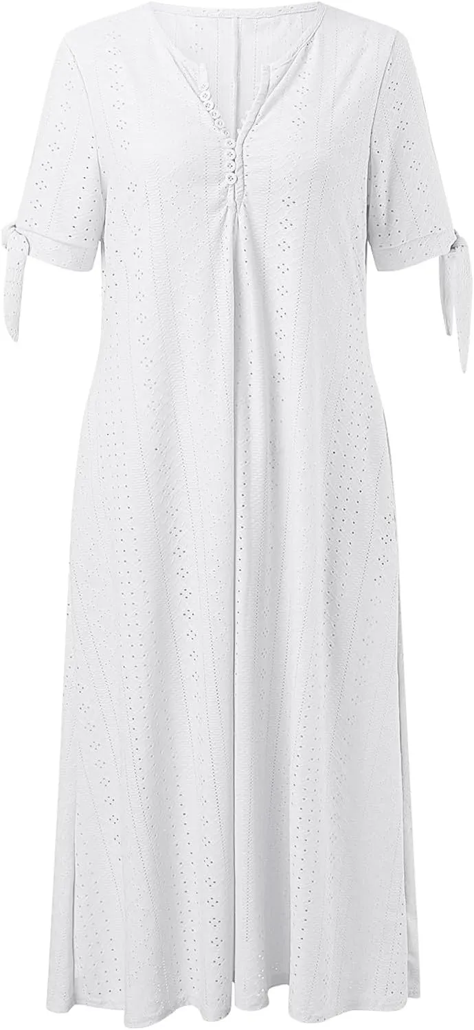 Boho Eyelet Maxi Dress for Women Casual Vintage V Neck Half Sleeve Loose Fit Flowy Swing Long Dresses with Pockets