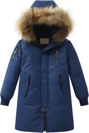 Boys Girls Long Parka Winter Coat Toddler Hooded Down Jacket Warm Puffer Coat Kids Windproof (Navy, 9-10 Years)