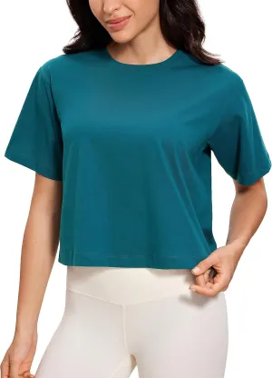 CRZ YOGA Womens Loose Fit Cotton Polyester Short Sleeve Shirts Crop Tops Casual Workout T-Shirts
