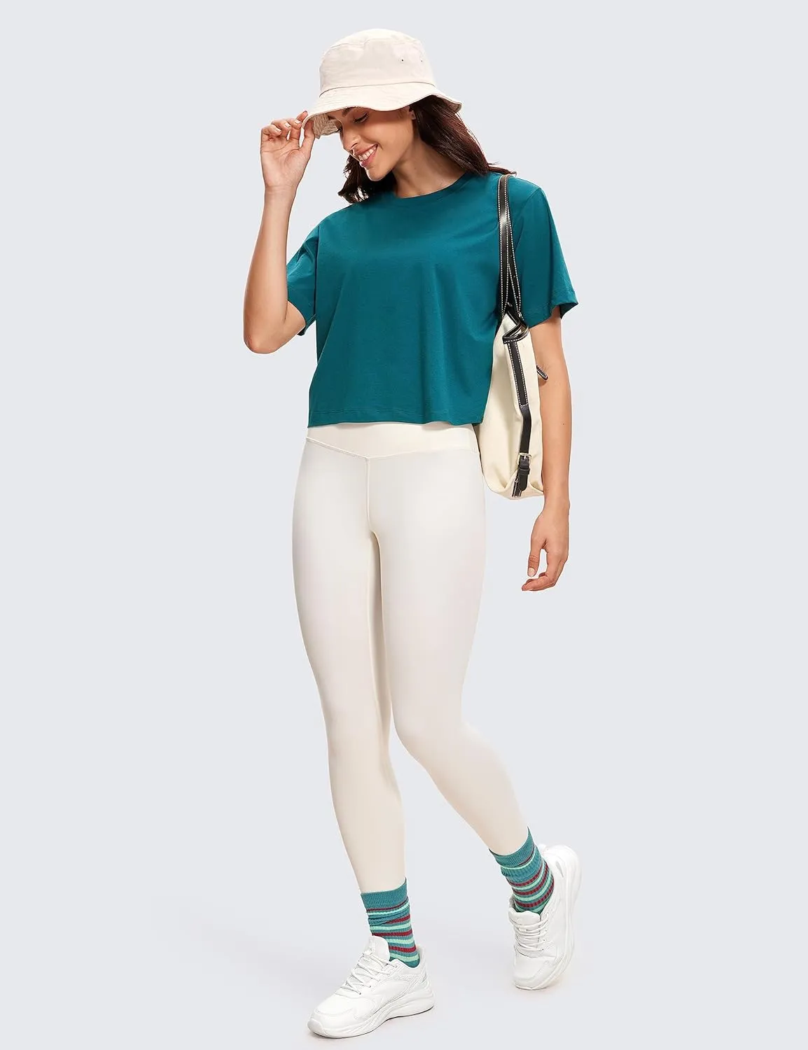 CRZ YOGA Womens Loose Fit Cotton Polyester Short Sleeve Shirts Crop Tops Casual Workout T-Shirts