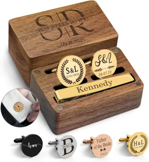 Custom Cufflinks for Men Gift Personalized Engraved Cuff Links Tie Clip Set with Engraved Wood Box Customized Wedding Cufflinks Jewelry Gift for Groom Father's Day