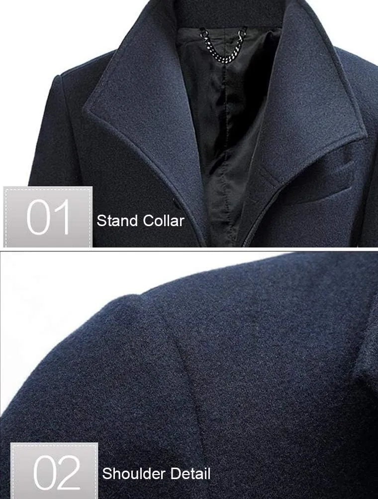 FTCayanz Men's Wool Trench Coat Winter Slim Fit Business Top Coat Single Breasted Overcoat
