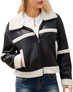 Hasta Women's Faux Leather Jackets Warm Fleece Zip Short PU Moto Winter Coats 2023 Slim Cropped Faux Suede Jacket Plus Size