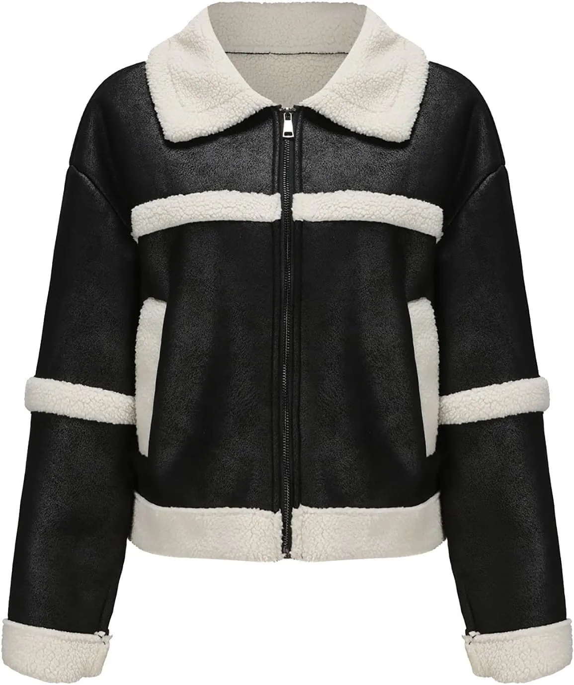 Hasta Women's Faux Leather Jackets Warm Fleece Zip Short PU Moto Winter Coats 2023 Slim Cropped Faux Suede Jacket Plus Size