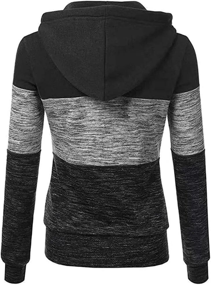 Hoodies for Women Color Block Hooded Sweatshirt Basic Zip-Up Jersey Jacket Long Sleeve Top with Pockets Plus Size