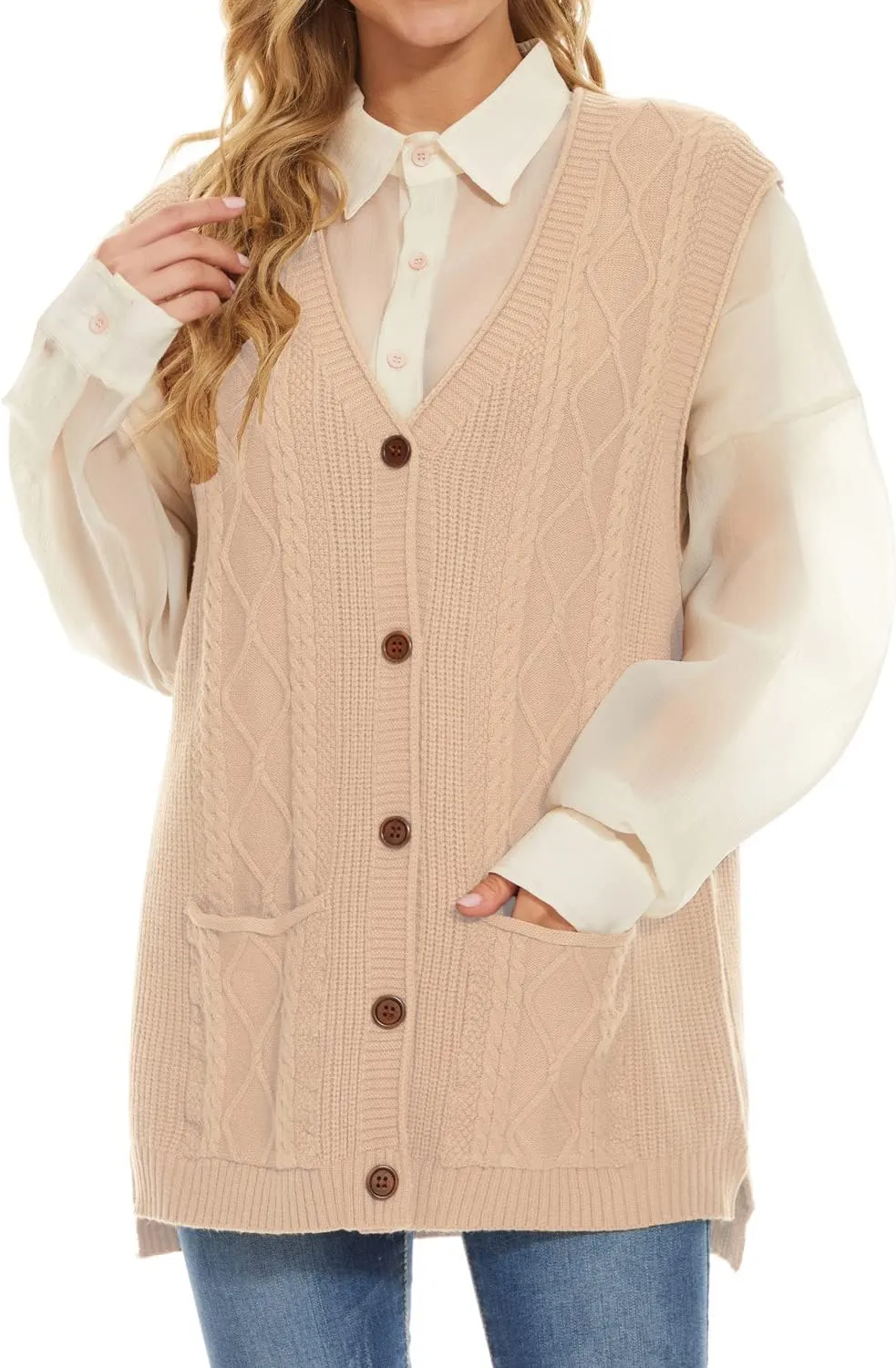 Hyipels Women's Sweater Vest,Long Cable Loose Knitted Sleeveless V Neck Casual Sweaters Tank Top S~XL