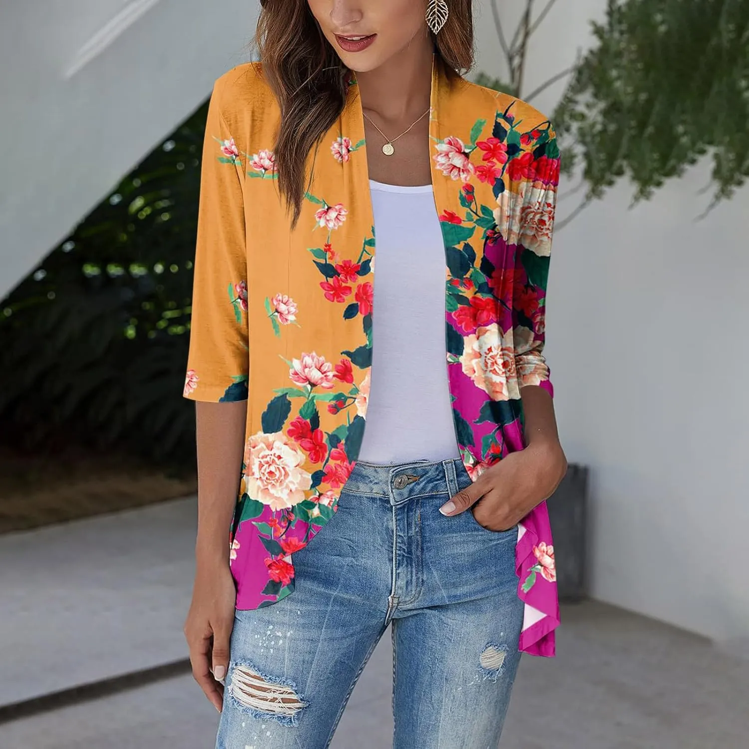 Kimono Cardigan Summer Cardigans for Women 2023 Trendy Ethnic Style Open Front 3/4 Sleeve Cardigan Open Front Tops