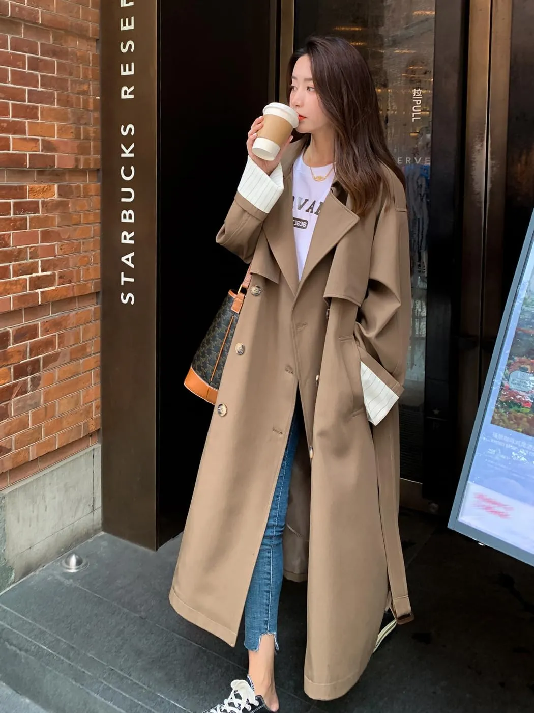 Korean Style Oversized Long Double-Breasted Trench Coats for Women Spring Fall Womens Windbreaker Coat Outerwear