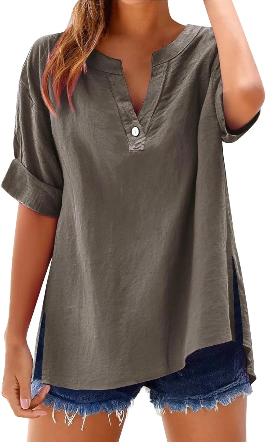 Linen Shirts for Womens Cotton Button Down Tops Summer Trendy Short Sleeve Roll Up Loose Fit V-Neck Casual Work Blouse