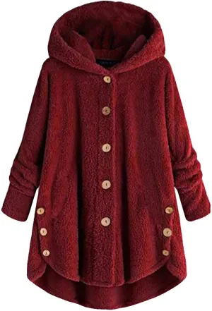 maisdgop Fleece Jacket Women Long Sleeve Sherpa Hooded Coats Winter Fall Warm Fuzzy Jackets Plus Size Button Plush Outerwear
