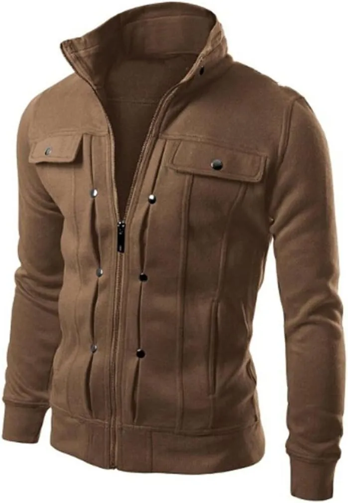 Mens Fleece Lined Jacket Mens Athletic Jacket Fashion Casual Loose Stand Collar Button Decorated Sweatshirt Jacket
