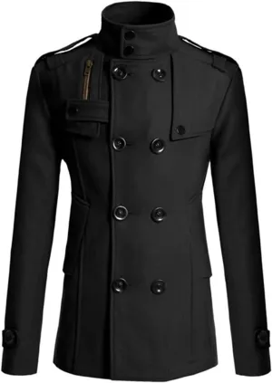 Men's Jacket Stand Collar Windproof Pea Coat Double Breasted Long Pea Coat Fall Winter Trench Coat for Men