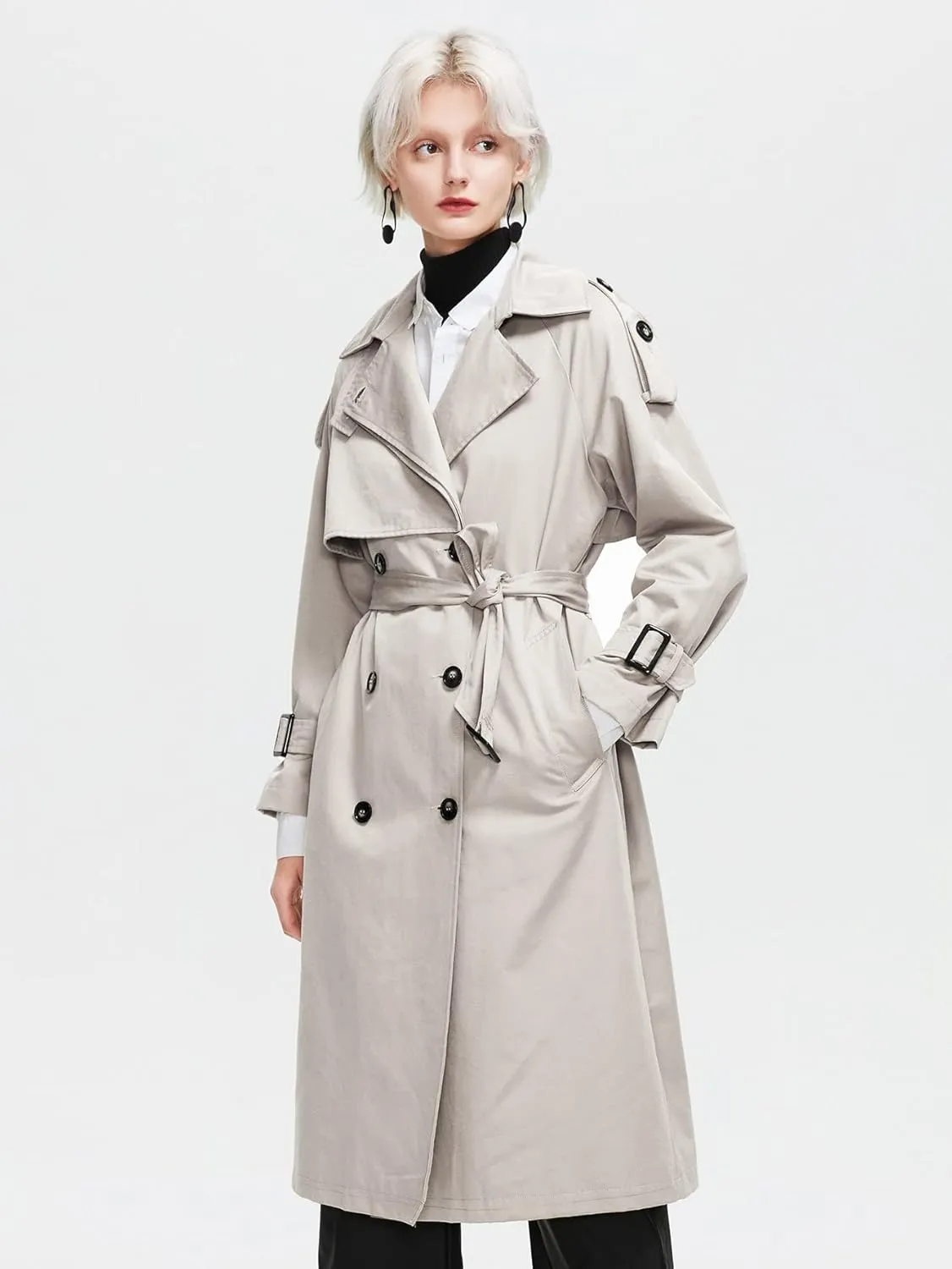 NOBRIM Jackets for Women - Buckle Strap Double Breasted Trench Coat (Color : Beige, Size : X-Large)