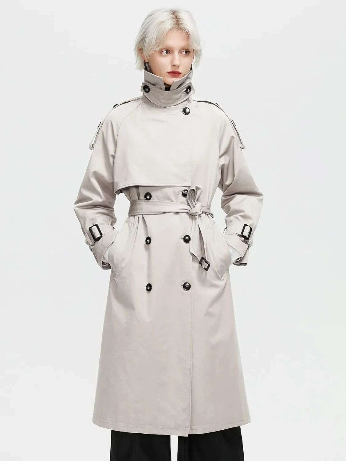 NOBRIM Jackets for Women - Buckle Strap Double Breasted Trench Coat (Color : Beige, Size : X-Large)