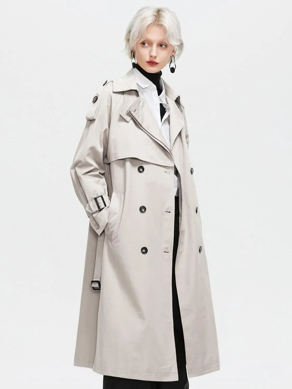 NOBRIM Jackets for Women - Buckle Strap Double Breasted Trench Coat (Color : Beige, Size : X-Large)
