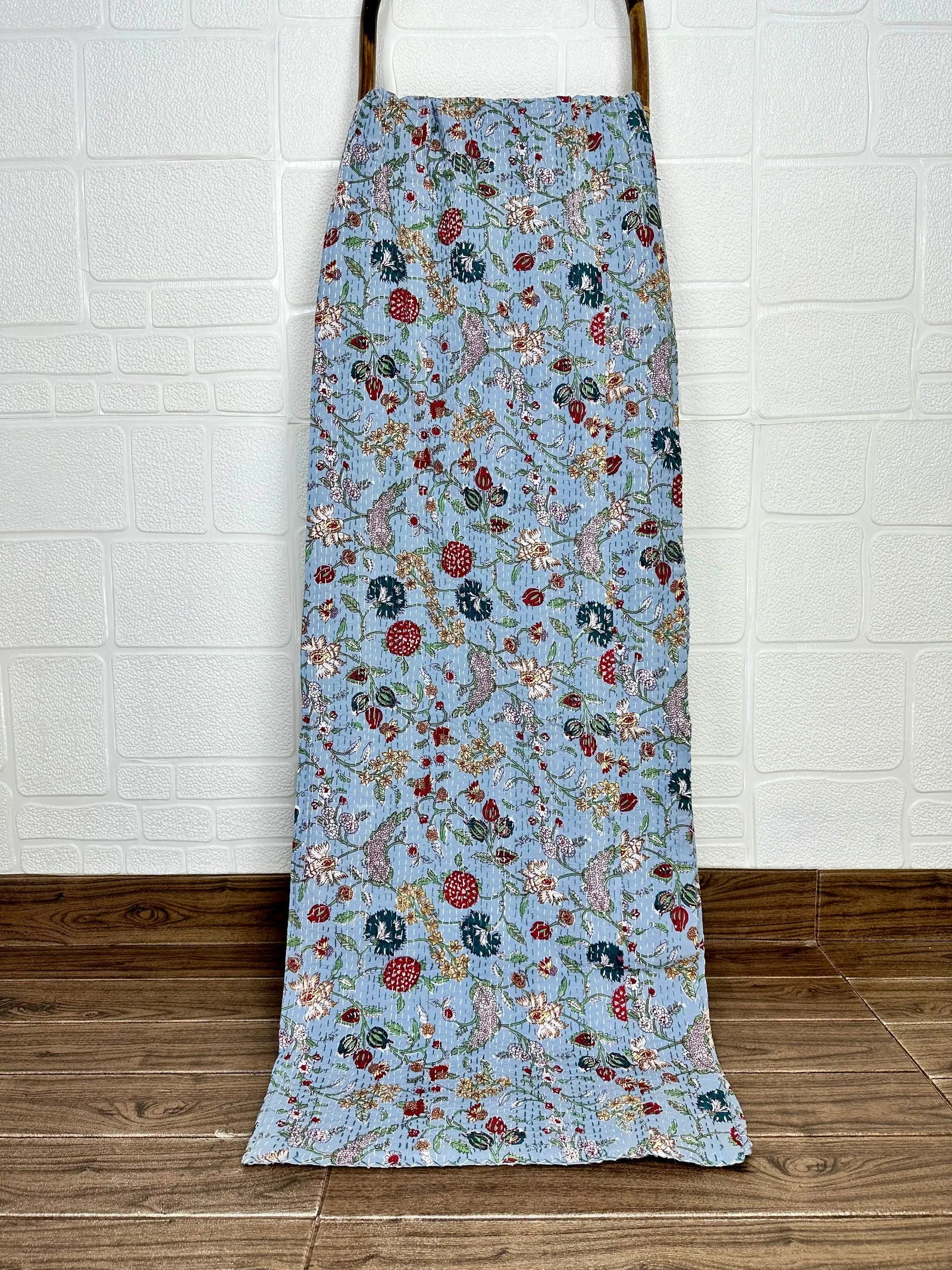 Pure Cotton Kantha Stitch Throw | Indian Hand Block Quilted King Size Bedspread/Sofa Cover Home Decor | Floral Reversible Print Grey