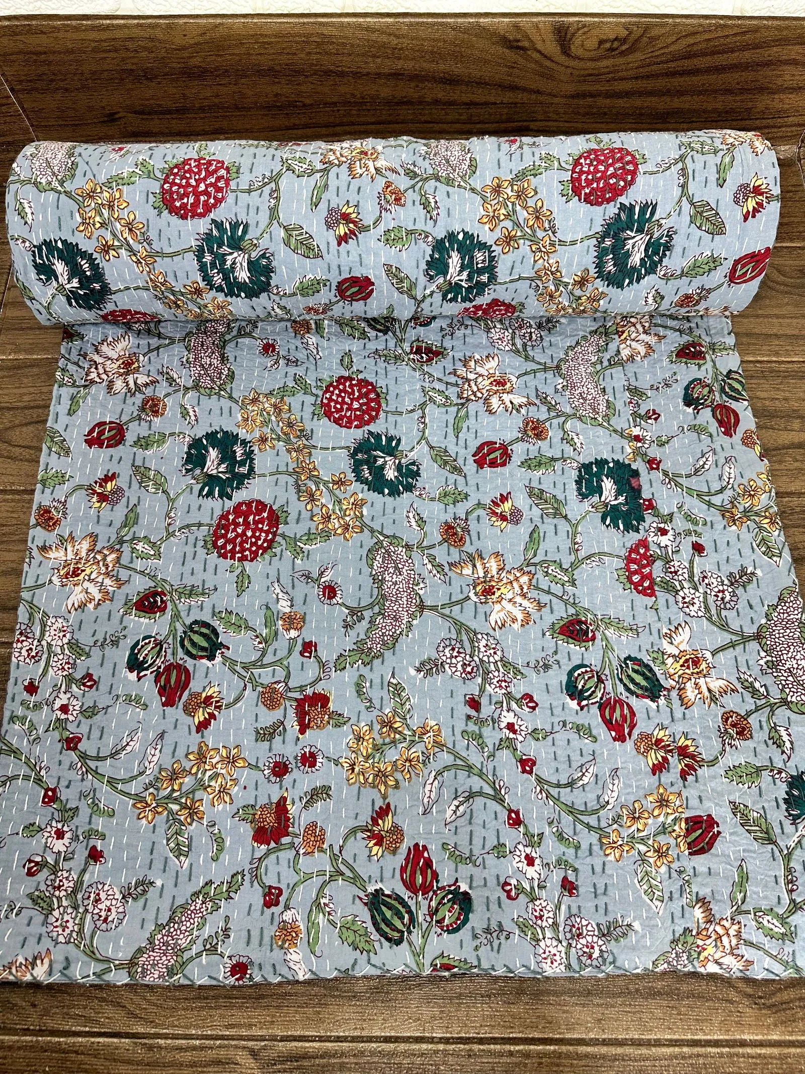 Pure Cotton Kantha Stitch Throw | Indian Hand Block Quilted King Size Bedspread/Sofa Cover Home Decor | Floral Reversible Print Grey