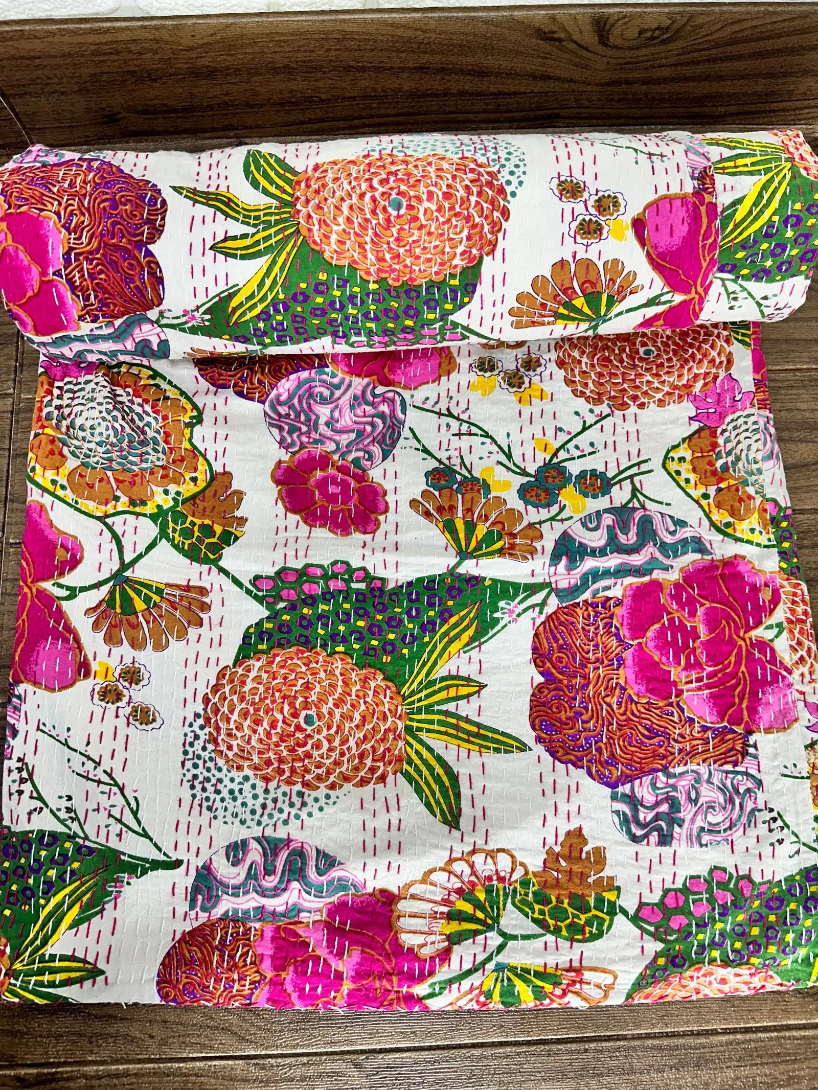 Pure Cotton Kantha Stitch Throw | Indian Hand Block Quilted King Size Bedspread/Sofa Cover Home Decor | Floral Reversible Print White