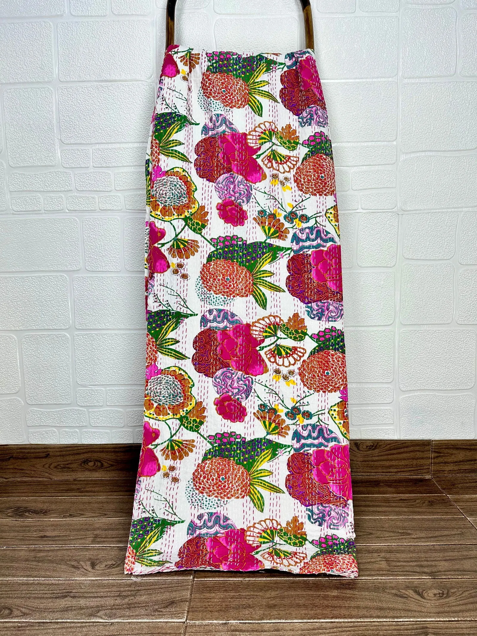 Pure Cotton Kantha Stitch Throw | Indian Hand Block Quilted King Size Bedspread/Sofa Cover Home Decor | Floral Reversible Print White