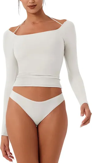 REORIA Women's Long Sleeve Square Neck Top Double Layer Reversible Sexy Crop Tops 2025 Fall/Winter Designer Collection