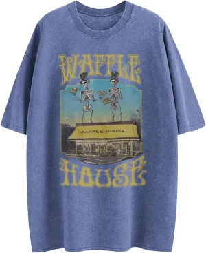 Waffle House Shirt Vintage Acid Wash Tshirt for Men Oversized Hip Hop Shirts Funny Skeleton Graphic Tees Tops Unisex