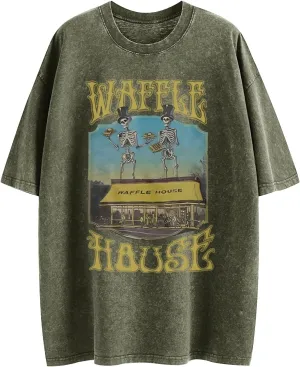 Waffle House Shirt Vintage Acid Wash Tshirt for Men Oversized Hip Hop Shirts Funny Skeleton Graphic Tees Tops Unisex
