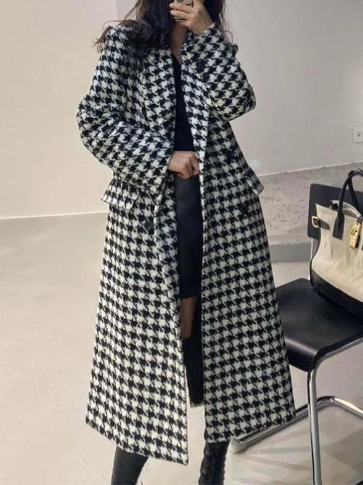 WINSUNNY Trench Coat for Women Tweed Wool Autumn Womens Winter Clothing Plaid Long Jacket Elegance Office Lady