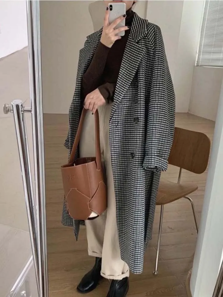 WINSUNNY Trench Coat for Women Tweed Wool Autumn Womens Winter Clothing Plaid Long Jacket Elegance Office Lady