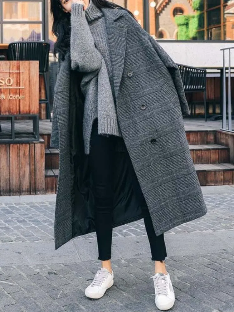 WINSUNNY Trench Coat for Women Tweed Wool Autumn Womens Winter Clothing Plaid Long Jacket Elegance Office Lady