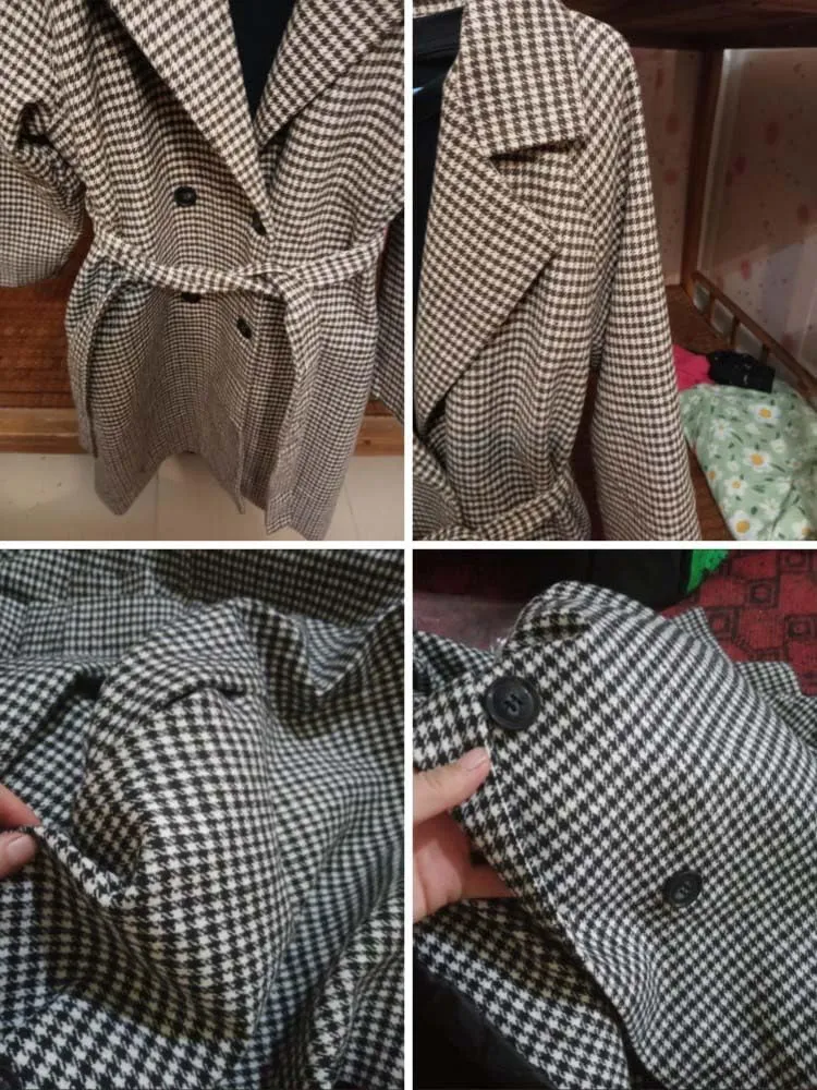WINSUNNY Trench Coat for Women Tweed Wool Autumn Womens Winter Clothing Plaid Long Jacket Elegance Office Lady