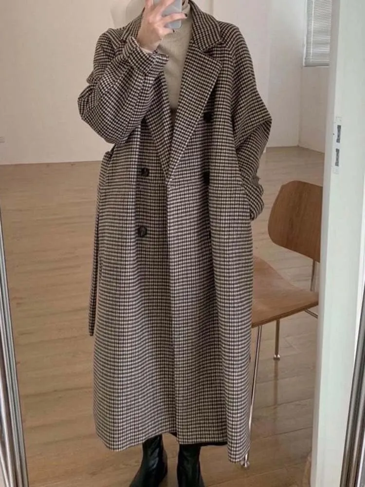 WINSUNNY Trench Coat for Women Tweed Wool Autumn Womens Winter Clothing Plaid Long Jacket Elegance Office Lady