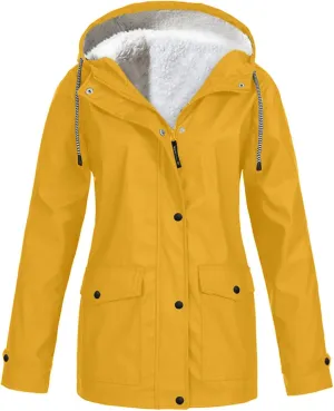 Winter Rain Coats for Women Waterproof Plus Size Hooded Rain Jackets Thicken Fleece Warm Raincoats with Pockets