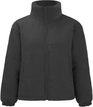 Womens Corduroy Padded Coat Winter Midweight Thermal Outwear Fashion Stand-Up Collar Solid Color Full Zip Long Sleeve Jacket