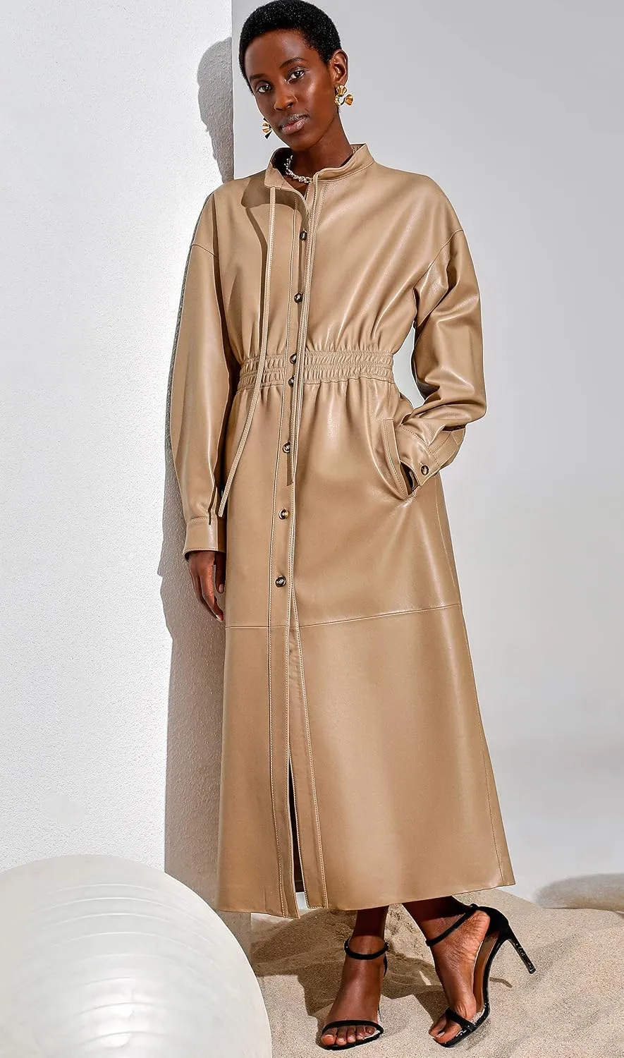 Women's Genuine Leather Long Trench Coat Slim fit Stand Collar Maxi Dress Coat Camel SmartUniverseWear