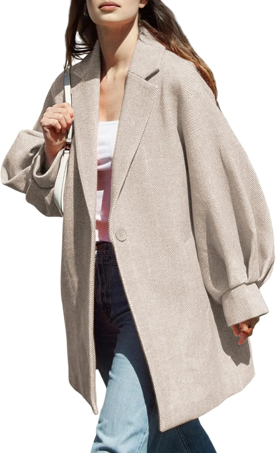Women's Oversized Winter Wool Coat Casual Notched Lapel Single Breasted Balloon Sleeves Peacoat Jacket (Khaki-XL)