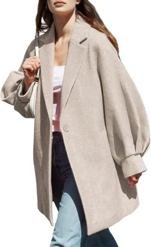Women's Oversized Winter Wool Coat Casual Notched Lapel Single Breasted Balloon Sleeves Peacoat Jacket (Khaki-XL)