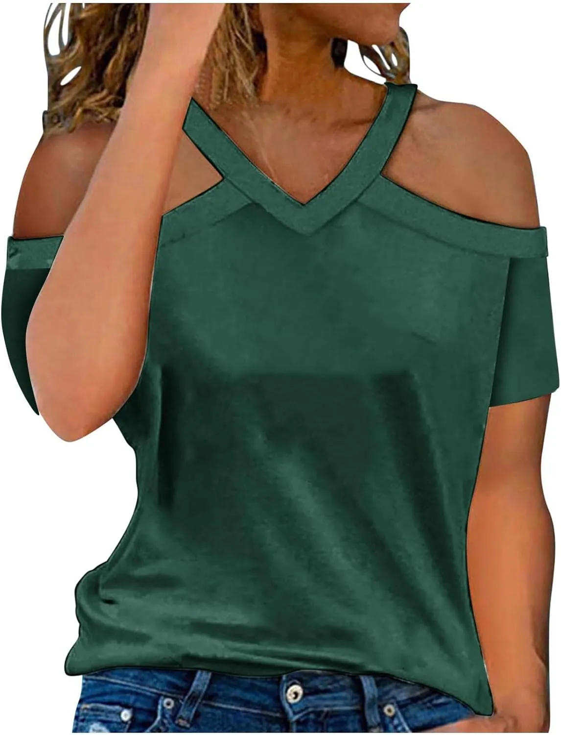 Womens Summer Cold Shoulder Tshirts Casual V Neck Tops Short Sleeve Loose Fit Blouse Trendy Solid Clothing 2025