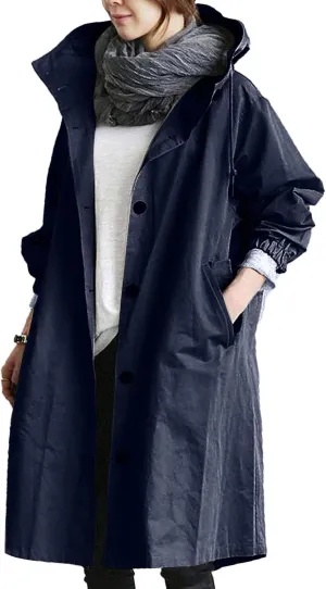 XUETON Womens Oversize Jacket Coats Outdoor Breathable Waterproof Lightweight Hooded Long Trench Coat Navy