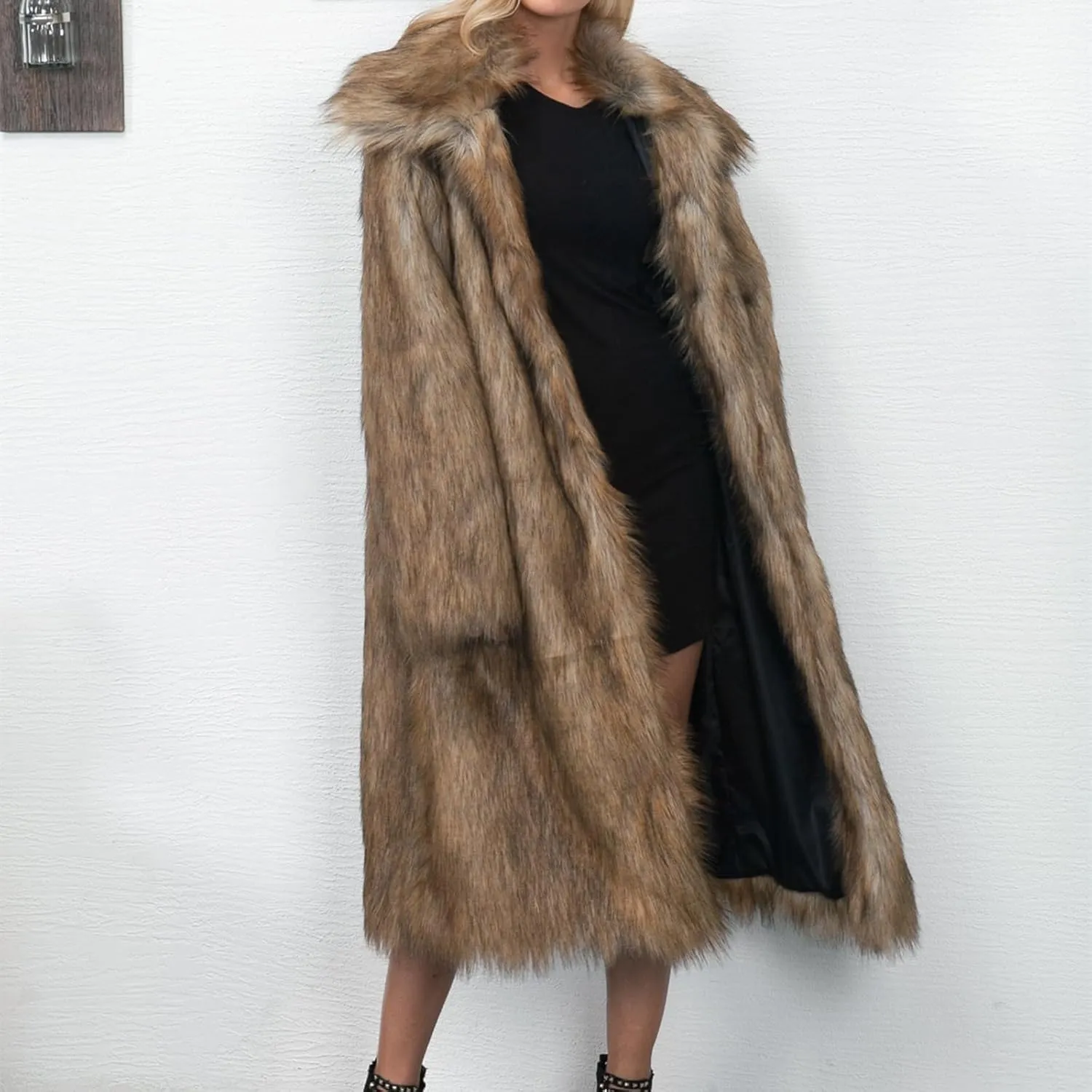 ZHOUYF Faux Fur Soft Coats for Women Winter Lapel Cardigan Shaggy Outerwear Warm Chunky Long Jackets with Pockets