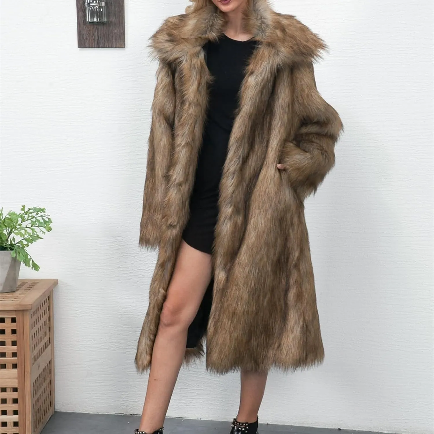 ZHOUYF Faux Fur Soft Coats for Women Winter Lapel Cardigan Shaggy Outerwear Warm Chunky Long Jackets with Pockets
