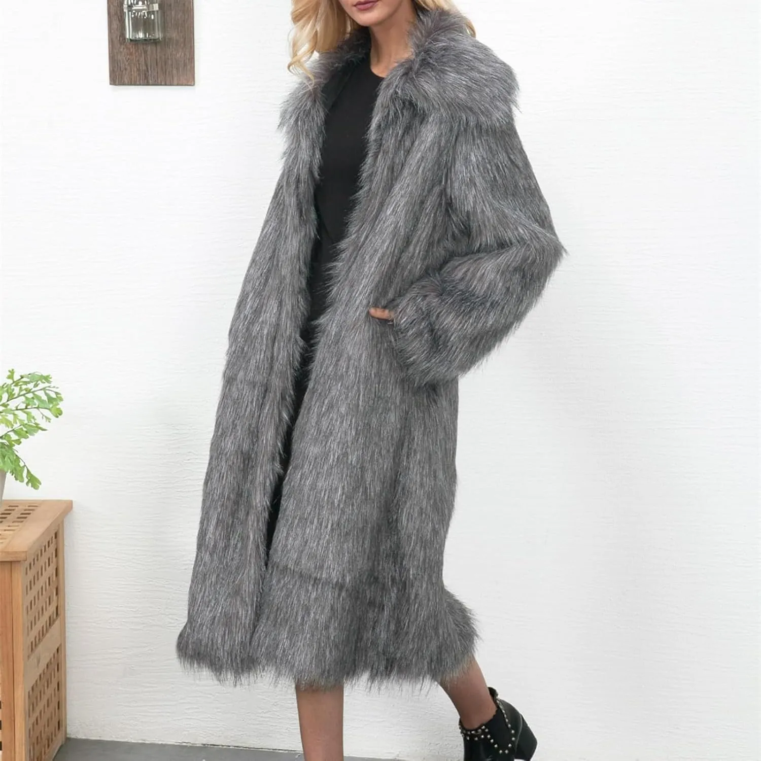 ZHOUYF Faux Fur Soft Coats for Women Winter Lapel Cardigan Shaggy Outerwear Warm Chunky Long Jackets with Pockets