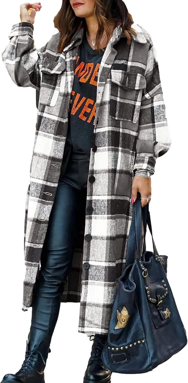 Zontroldy Casual Long Plaid Shirts Shacket Jacket Button Down Long Sleeve Shirts Trench Coats for Women