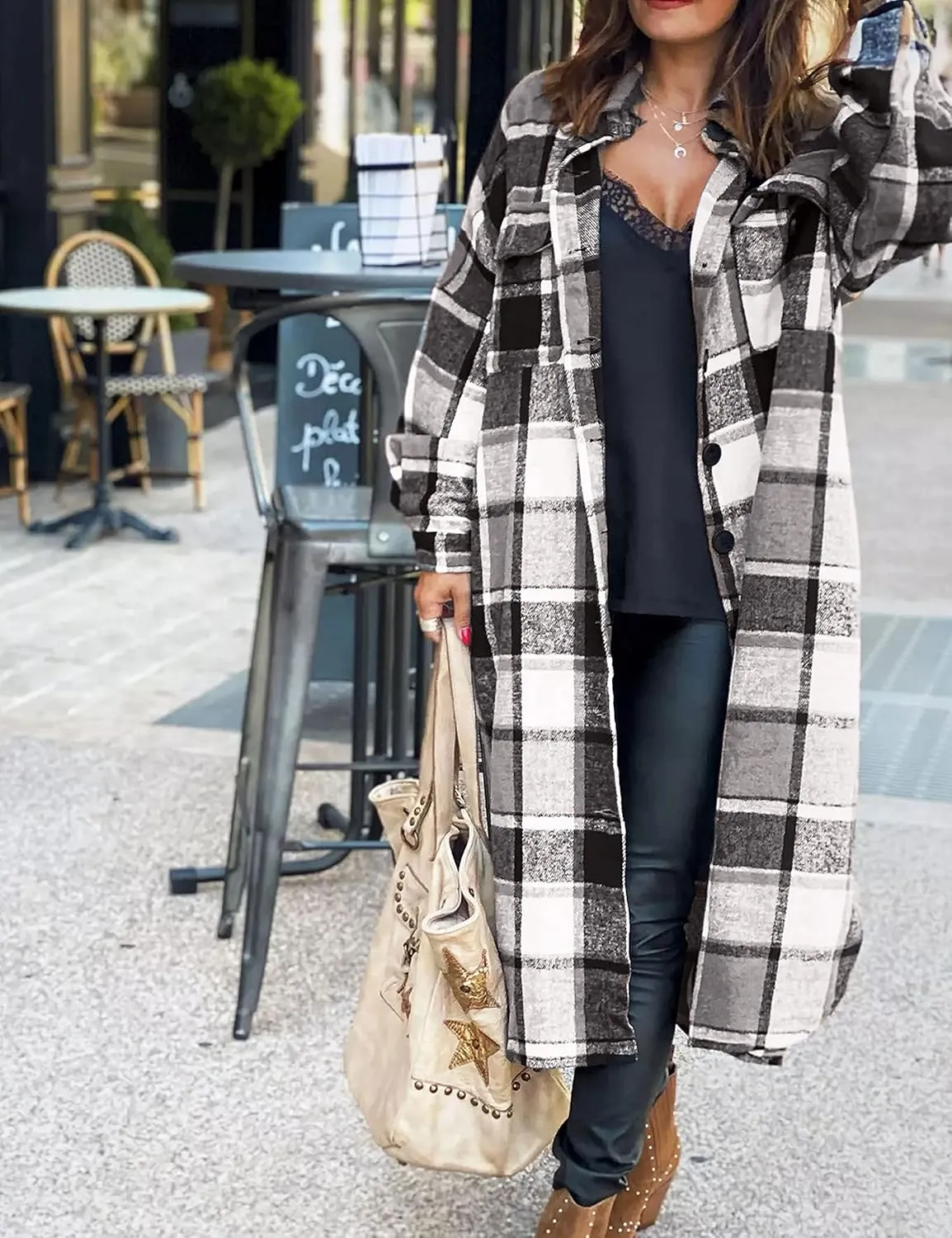 Zontroldy Casual Long Plaid Shirts Shacket Jacket Button Down Long Sleeve Shirts Trench Coats for Women