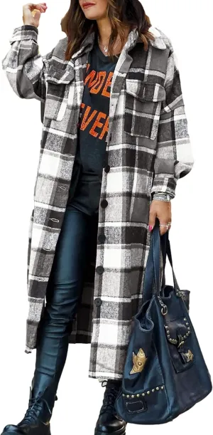 Zontroldy Casual Long Plaid Shirts Shacket Jacket Button Down Long Sleeve Shirts Trench Coats for Women